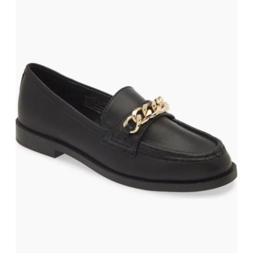 BP Blaire Loafers Size 9 Black Good Gold Chain Link Moc Toe Slip On Shoes